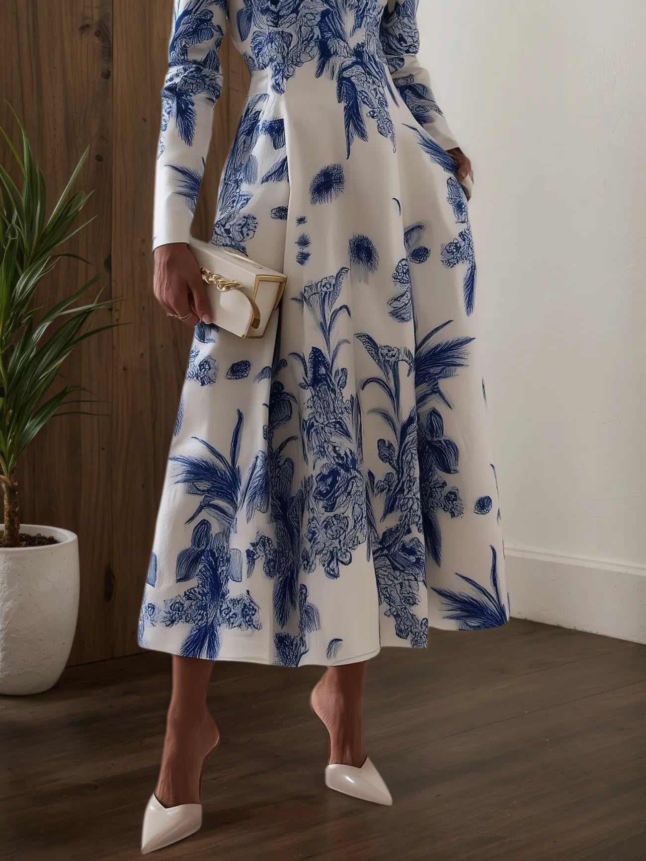 Blue Floral Classic Square Neck Long Sleeve A-Line Midi Dress