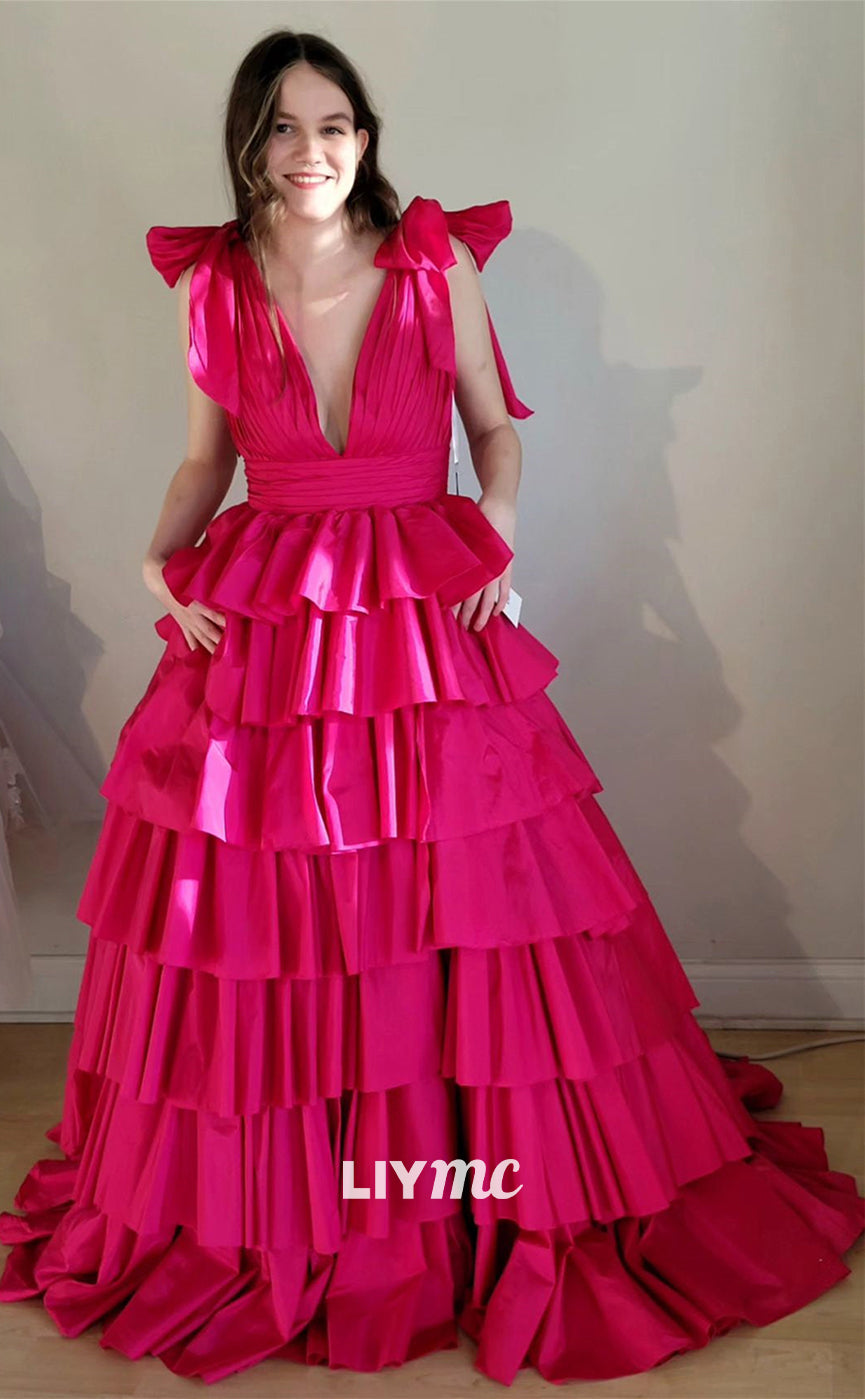 LP781 - A Line Deep V neck Tiered Pink Long Formal Prom Dress with Slit