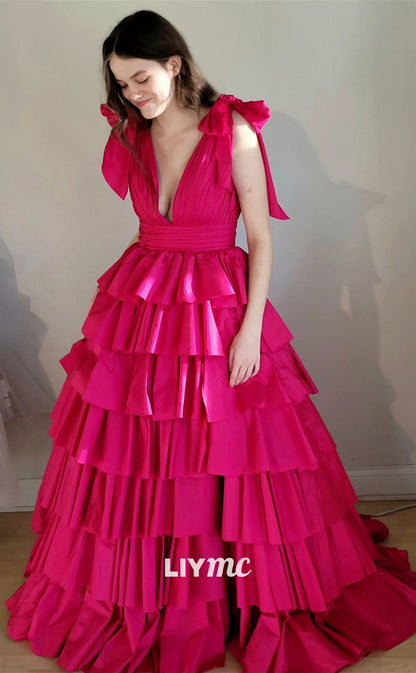 LP781 - A Line Deep V neck Tiered Pink Long Formal Prom Dress with Slit