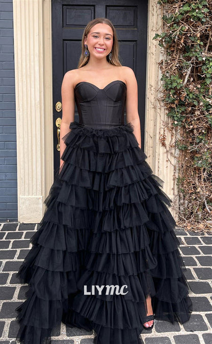 LP771 - A line Sweetheart Tulle Ruffles Long Formal Prom Dress