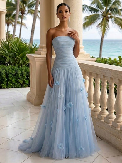 Light Blue Evening Dress with 3D Flower Strapless Pleat Maxi Dress