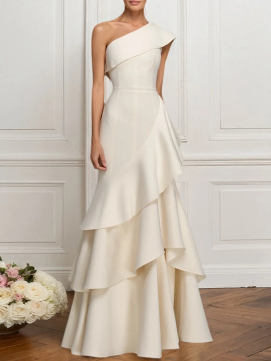 Formal Prom Tiered Maxi Dress White One Shoulder Maxi Dress