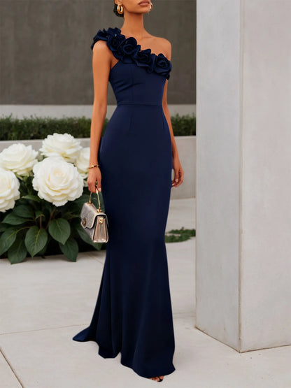 Navy Blue 3D Floral Classic One Shoulder Sleeveless Mermaid Gown Dress