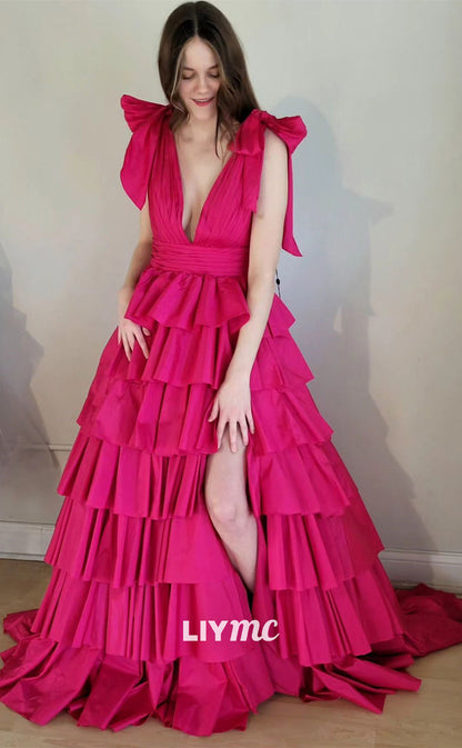 LP781 - A Line Deep V neck Tiered Pink Long Formal Prom Dress with Slit