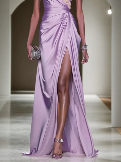Purple Applique Ruched Classic One Shoulder Sleeveless A-Line Gown Dress