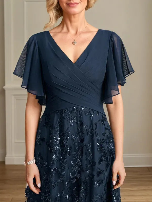 A Line V Neck Short Sleeve Chiffon Mother of the Bride Dress With Appliques