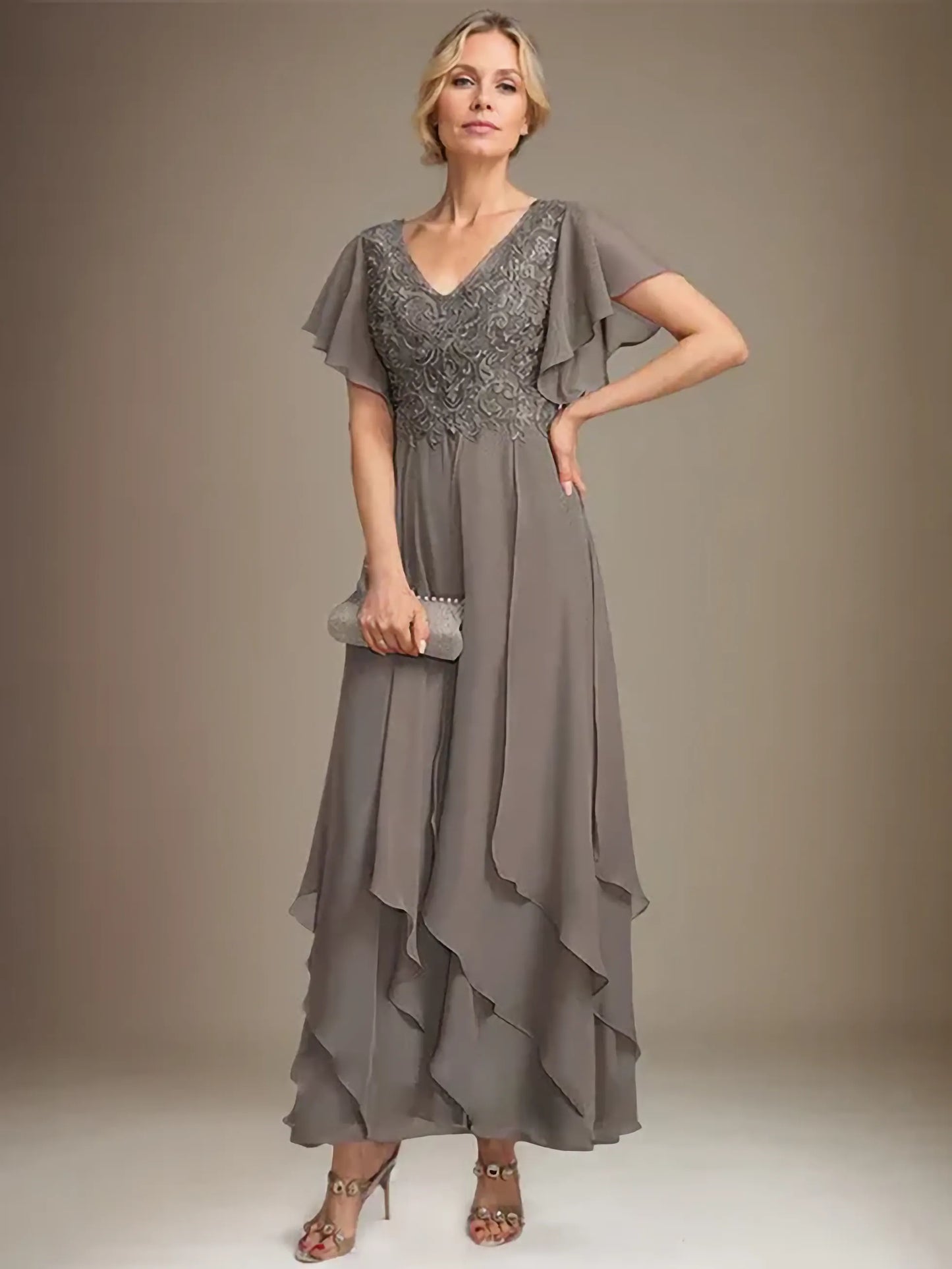 A-line V-Neck Ankle-Length Lace Chiffon Mother of the Bride Dress With Cascading Ruffles