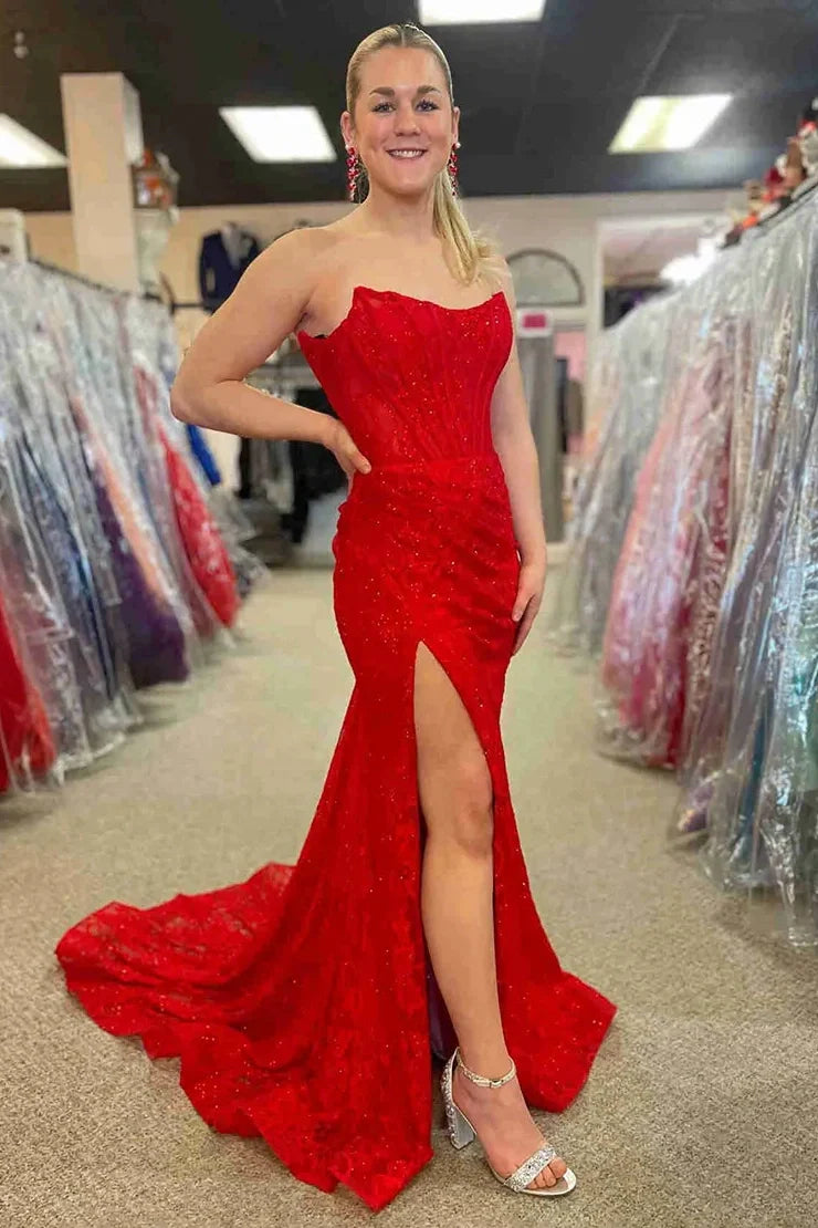 Romantic Lavender Mermaid Strapless Long Lace Prom Dress With Slit