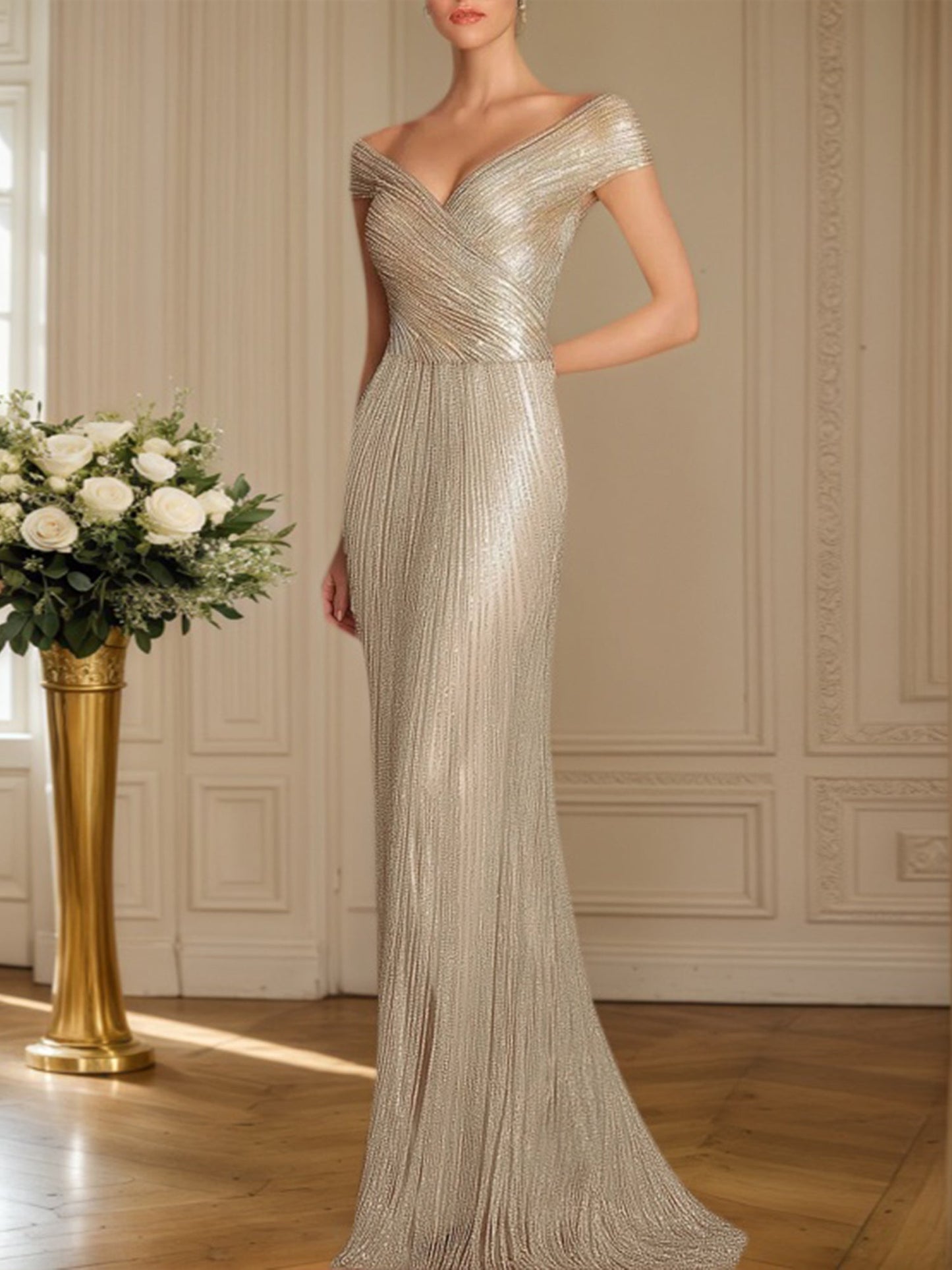 Evening Formal Dress Gold Sequin Off-The-Shoulder Maxi Gown