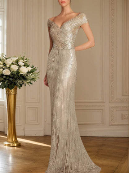 Evening Formal Dress Gold Sequin Off-The-Shoulder Maxi Gown