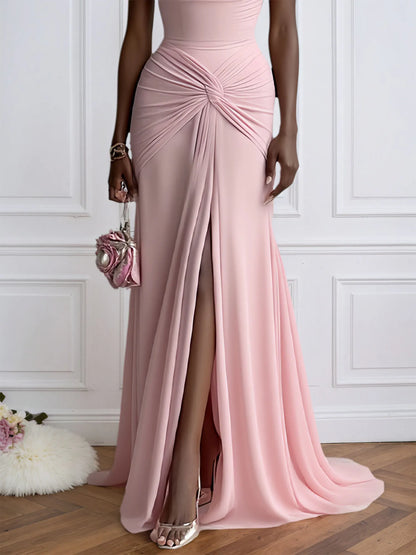 Pink Ruched Slit Formal Dress Cowl Neck Sleeveless A-Line Gown