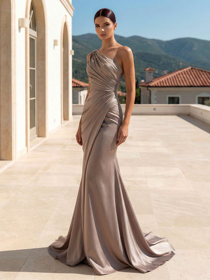 Evening Dress Wisteria Long Sleeves One Shoulder Pleat Maxi Dress