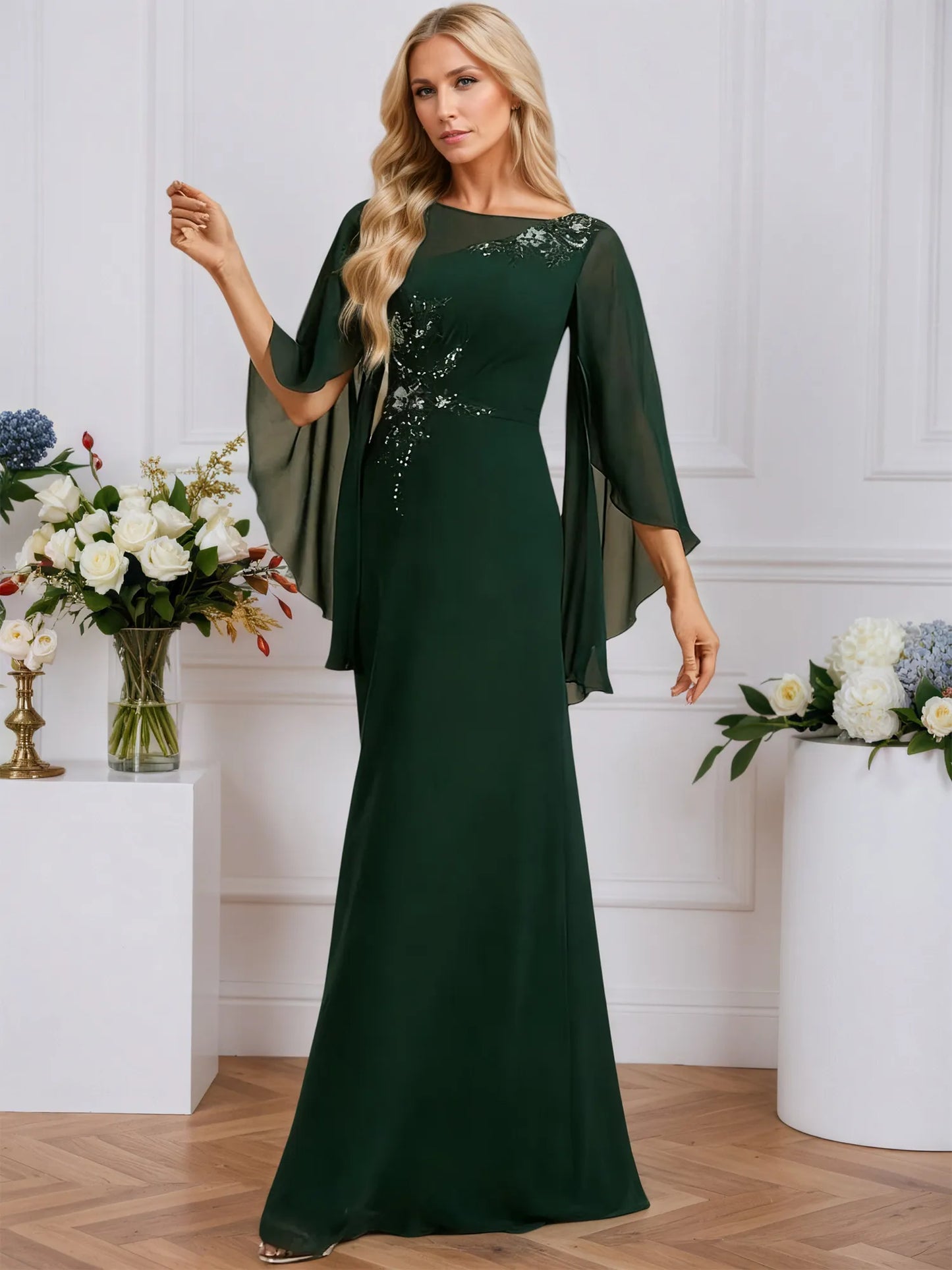 A-line Boat Neck Illusion Floor-Length Chiffon Evening Dress With Sequins Appliques Lace Pleated