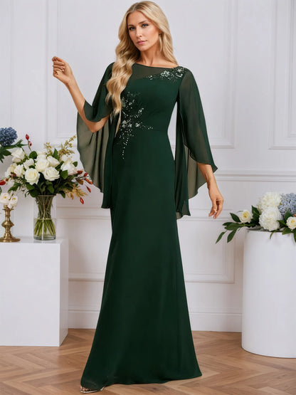 A-line Boat Neck Illusion Floor-Length Chiffon Evening Dress With Sequins Appliques Lace Pleated