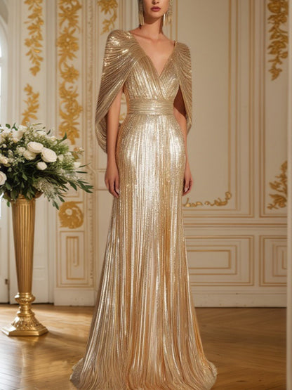 Formal Evening Fringe Dress Gold Sequin V Neck Cape Maxi Gown