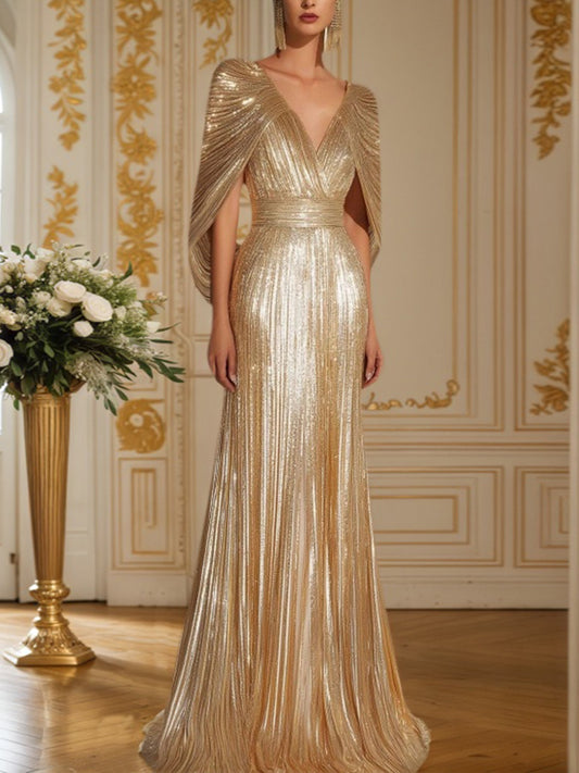 Formal Evening Fringe Dress Gold Sequin V Neck Cape Maxi Gown