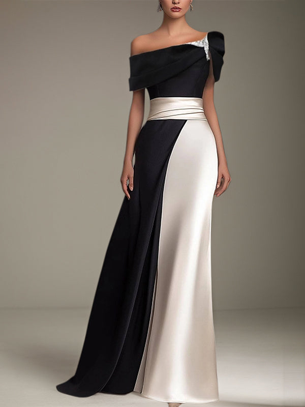 Party Formal Dress One Shoulder Short Sleeves Floor Length Satin Dress