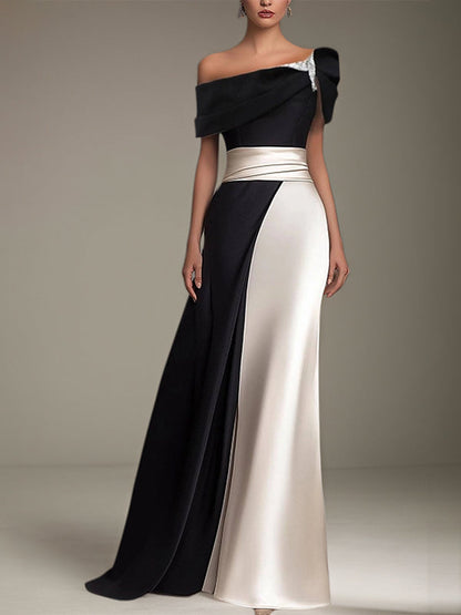 Party Formal Dress One Shoulder Short Sleeves Floor Length Satin Dress