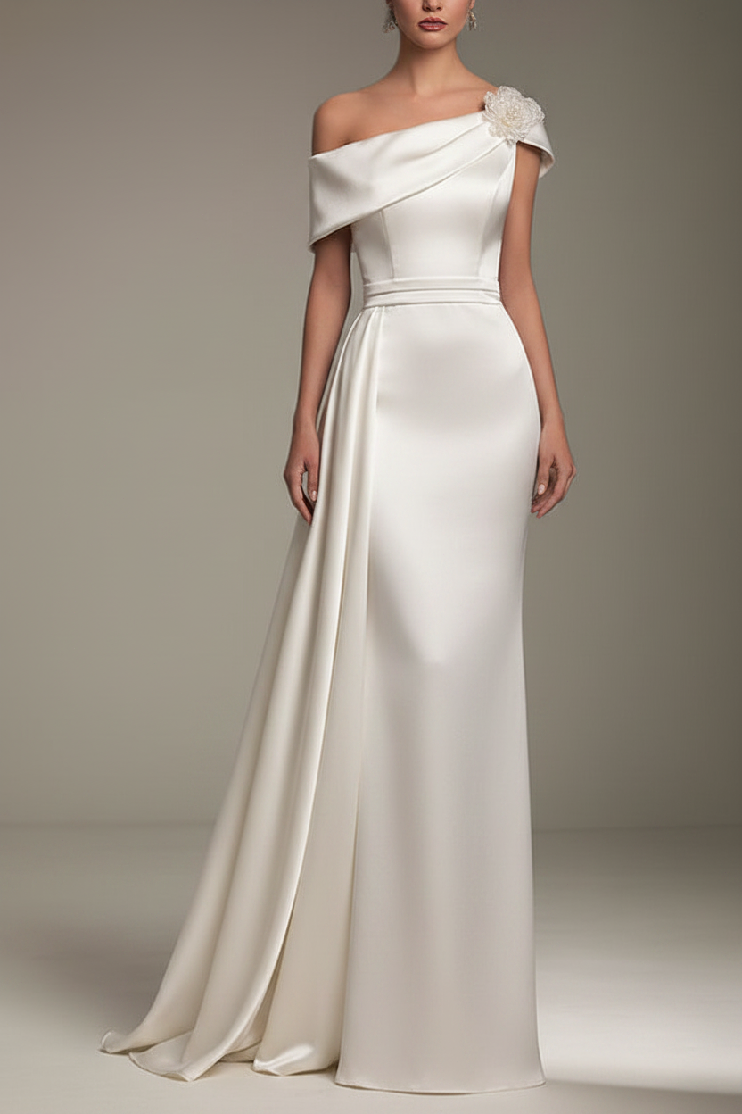 Party Formal Dress One Shoulder Short Sleeves Floor Length Satin Dress