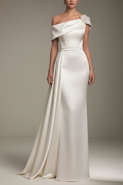 Party Formal Dress One Shoulder Short Sleeves Floor Length Satin Dress