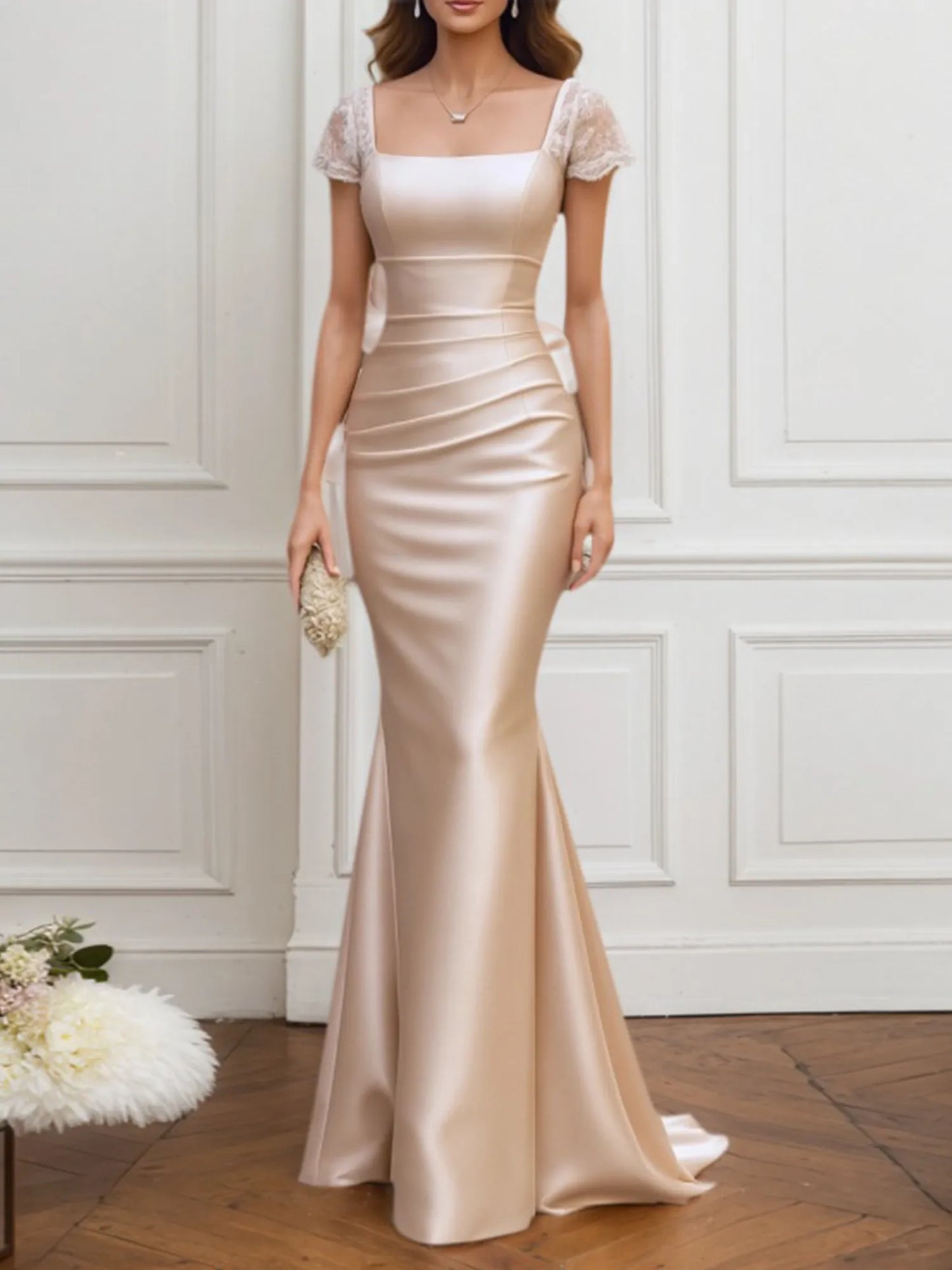 Mother of the Bride Dress Champagne Satin Square Neck Maxi Dress