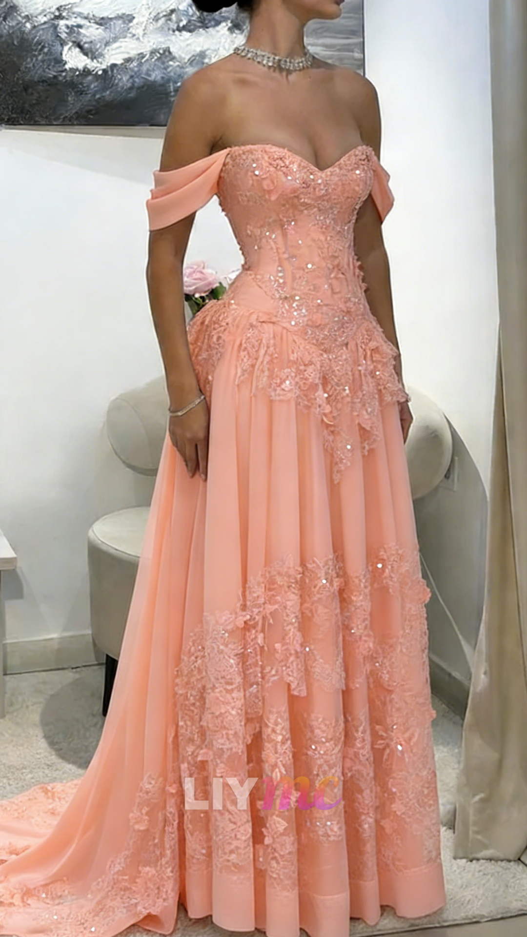 Off-Shoulder Appliques Tulle A-Line Corset Prom Dress