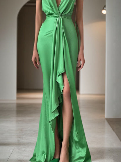 Party Satin Dress Green Deep V Sleeveless Draped Maxi Gown
