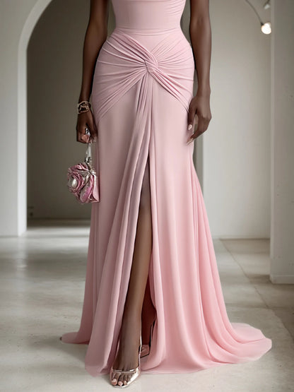 Pink Ruched Slit Formal Dress Cowl Neck Sleeveless A-Line Gown Dress