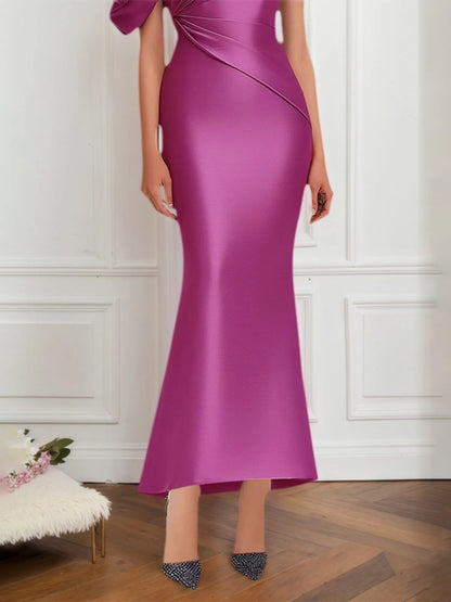 Semi-Formal Satin Dress Purple One-Shoulder Pleated Flower Sleeve Maxi Dress