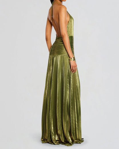 Charming Green Halter Sleeveless Backless Split Prom Dress with Pleated