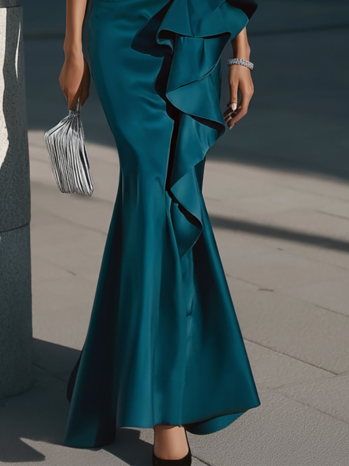 Elegant Teal Satin Mermaid Ruffle Dress