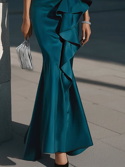 Elegant Teal Satin Mermaid Ruffle Dress