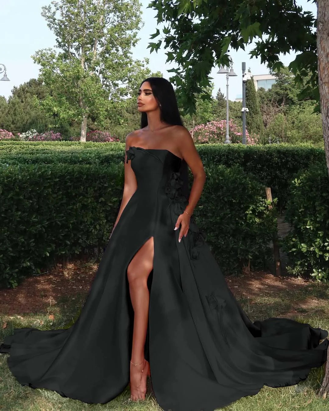 Elegant Straight Across Pink Split Sleeveless Handmade Flower Prom Dress YK0162