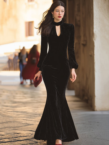 Elegant Velvet High-Neck Mermaid Gown With Keyhole Detail