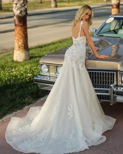 Long Mermaid Sweetheart Backless Wedding Dress With Tulle Lace