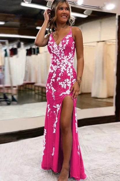 Glitter Blue Mermaid Lace Long Prom Dress with Slit