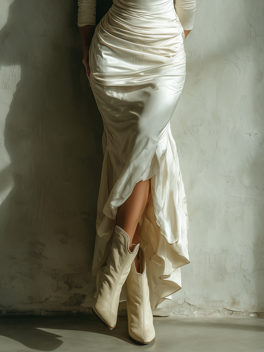 Women Ivory Satin Off Shoulder Ruched Maxi Dress