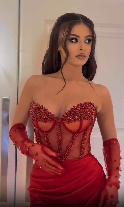 Red Beaded Sweetheart Gorgeous Prom Dress With Gloves INS0012