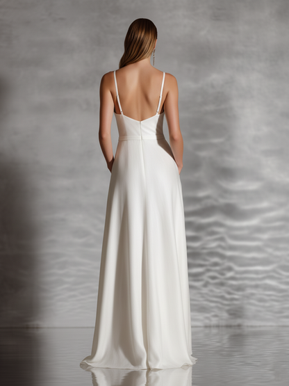 Women's Elegant Satin Ivory Spaghetti-Strap Deep V-Neck Pocketed Maxi Dress