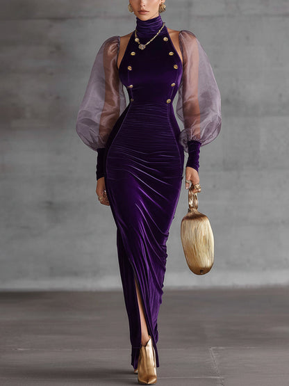 Purple Velvet Organza Sheath Dress With Vintage Gold Buttons
