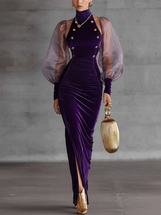 Purple Velvet Organza Sheath Dress With Vintage Gold Buttons