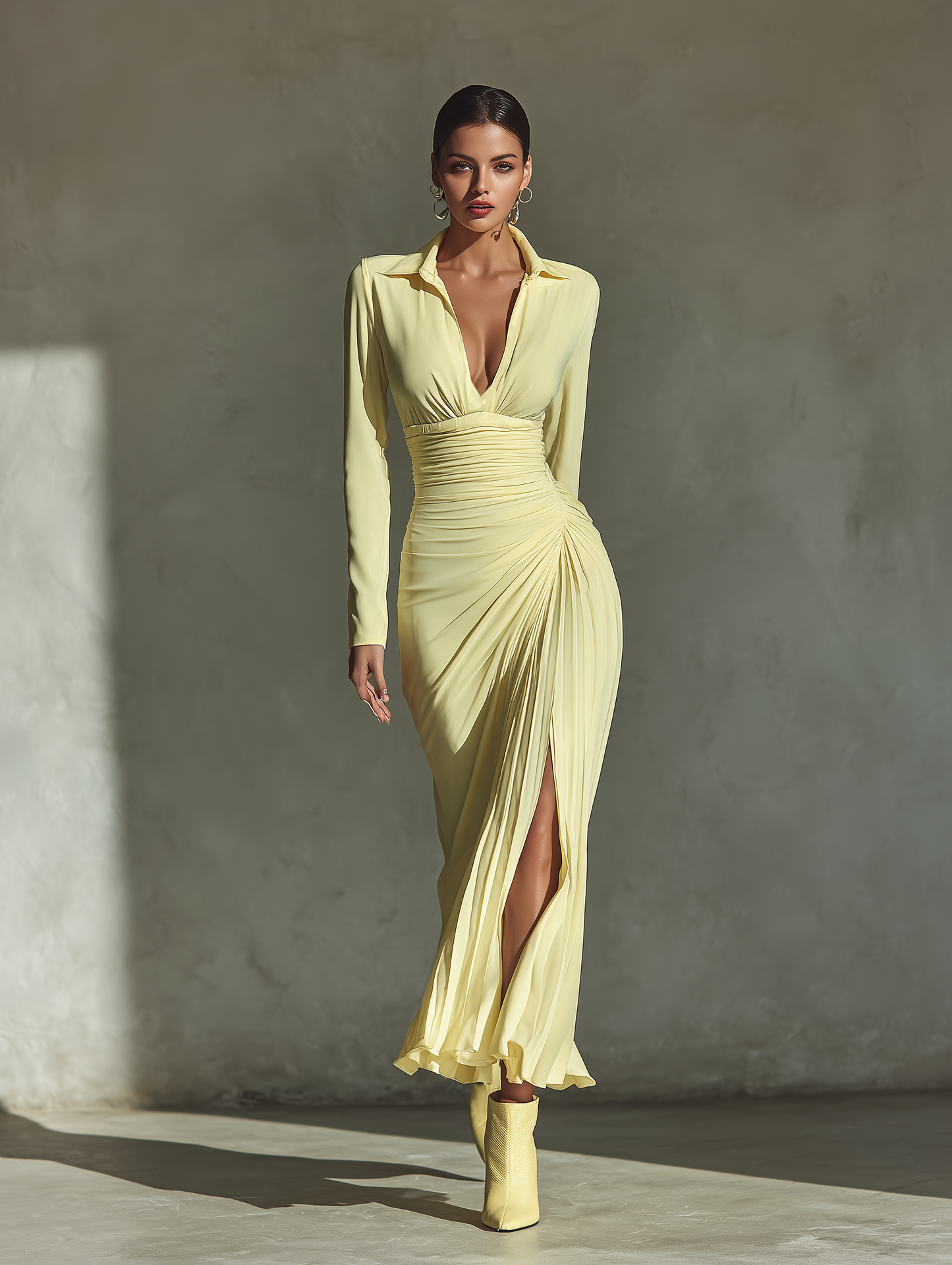 Women's Pale Yellow Smooth Fabric Plunging Neck Ruched Maxi Dress With Slit