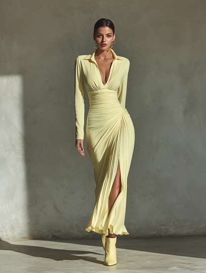 Women's Pale Yellow Smooth Fabric Plunging Neck Ruched Maxi Dress With Slit