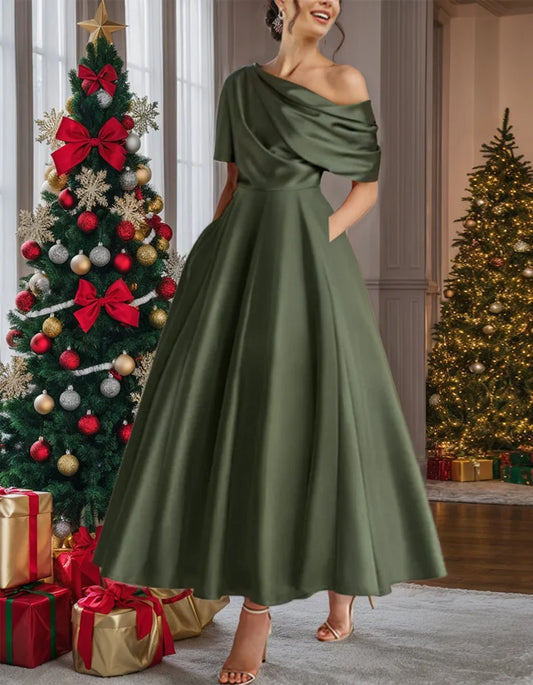 One Shoulder Solid Color Midi Dress