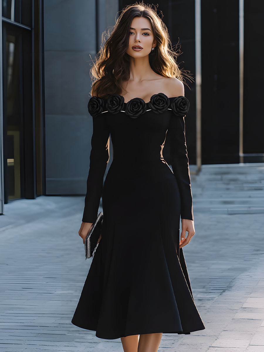 Black Off-Shoulder Midi Dress With Floral Embellishment