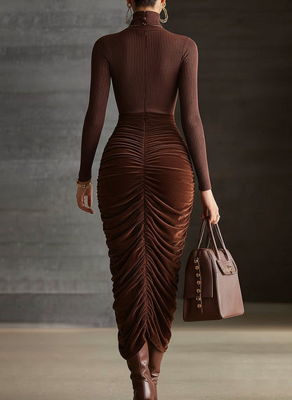 Brown Velvet Knit Ruched Turtleneck Long Sleeve Bodycon Dress
