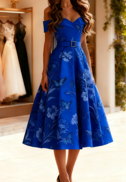 Off-Shoulder Floral Printed A-Line Satin Mother of Bride Dress
