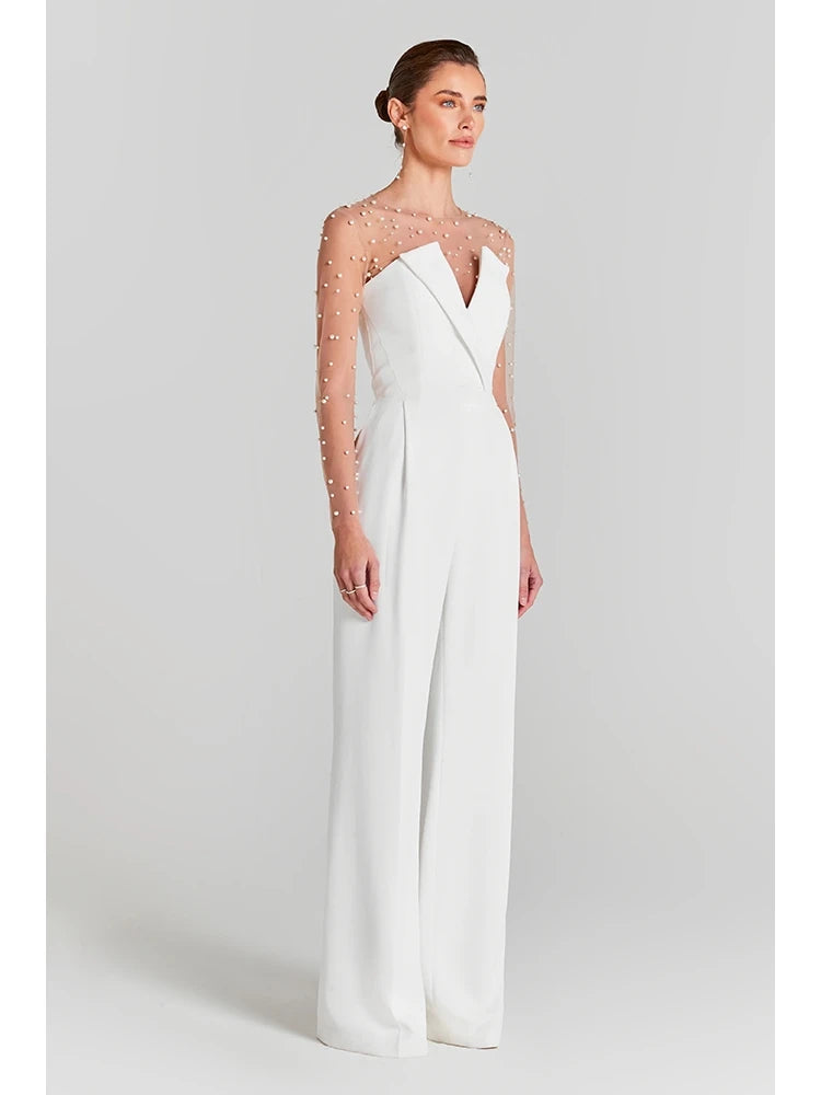 Pearl Mesh Bodysuit and White Jumpsuit Set