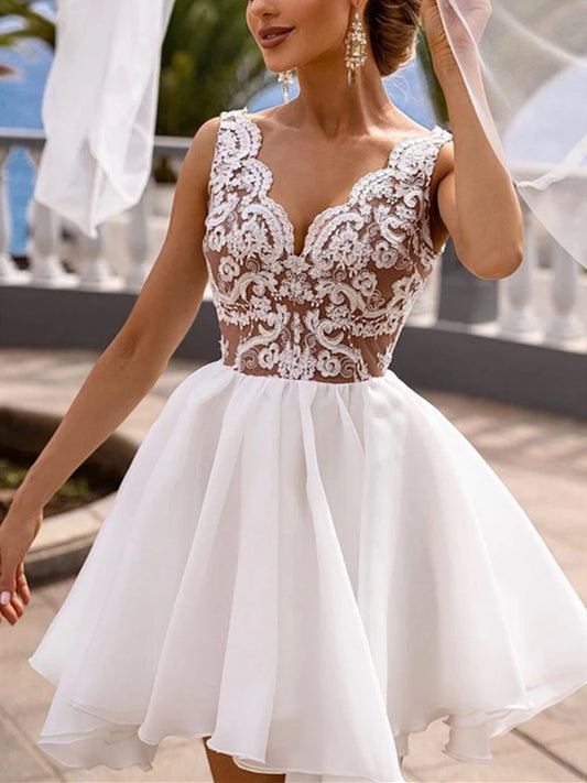 A Line V Neck Short Lace Wedding Dress