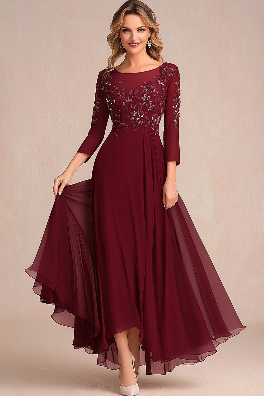 Burgundy A Line Long Sleeves Mother Of Bride Dress With Appliques